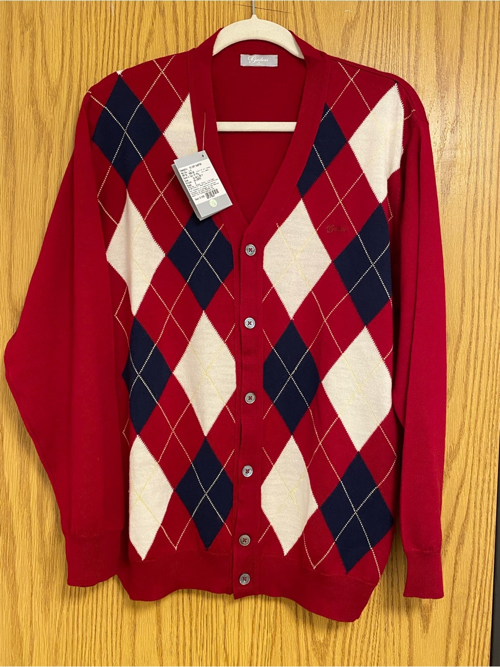 Gadoni of Italy Red Argyle Button-Front Men's Cardigan Sweater Pure New Wool